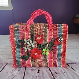 Tote Bag Square jute bag- Folkloric handmade purse - Boho Hippie tote Multicolor